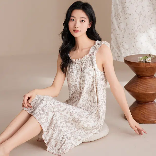 夏芬妍 甜美公主风碎花吊带云朵棉睡衣家居服简约休闲带胸垫可外穿夏季睡裙 女款