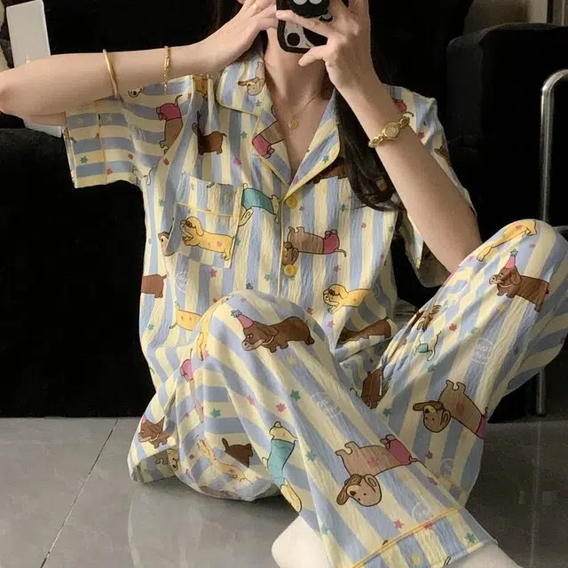 夏芬妍 柔软舒适星星条纹小狗云朵棉翻领开衫家居服亲肤休闲短袖三件套时尚可外穿睡衣套装 女款