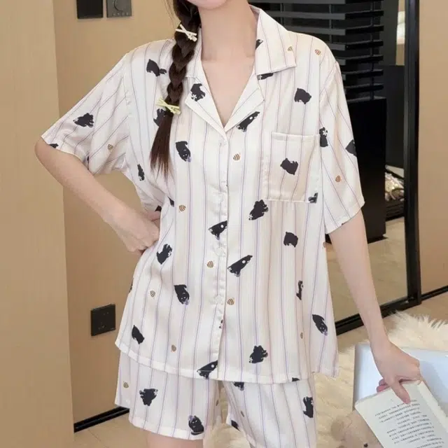 夏芬妍 甜美可爱卡通条纹蜜罐熊冰丝翻领短袖短裤家居服柔软舒适休闲可外穿夏季睡衣套装 女款