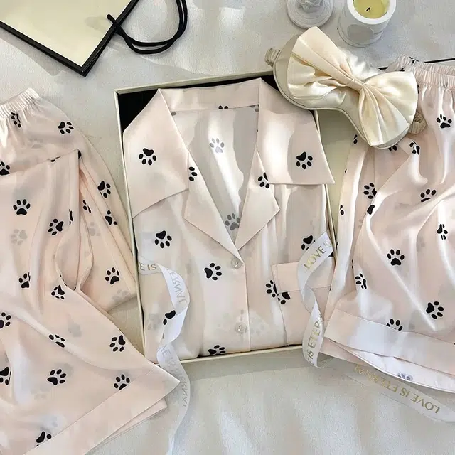 夏芬妍 简约高级感猫咪小爪冰雪丝翻领家居服舒适亲肤宽松短袖三件套可外穿睡衣套装 女款