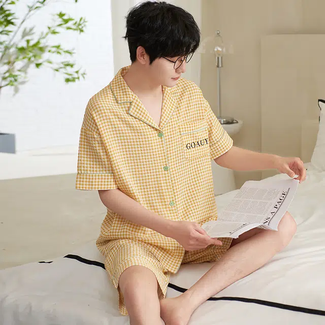 夏芬妍 柔软舒适时尚格子云朵棉翻领家居服亲肤休闲短袖短裤可外穿睡衣套装 男款 黄色