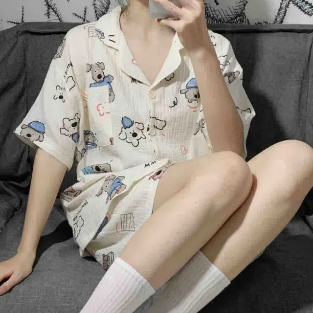 夏芬妍 甜美休闲舒适时尚萌趣小狗双层棉纱翻领家居服亲肤宽松短袖短裤可外穿睡衣套装 女款 杏色