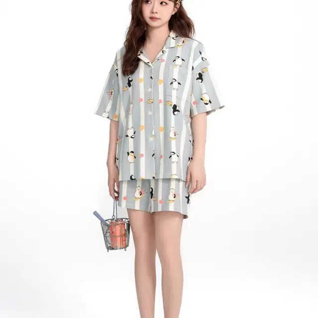 夏芬妍 甜美休闲舒适时尚条纹企鹅纯棉翻领家居服亲肤宽松短袖短裤可外穿睡衣套装 女款 蓝色