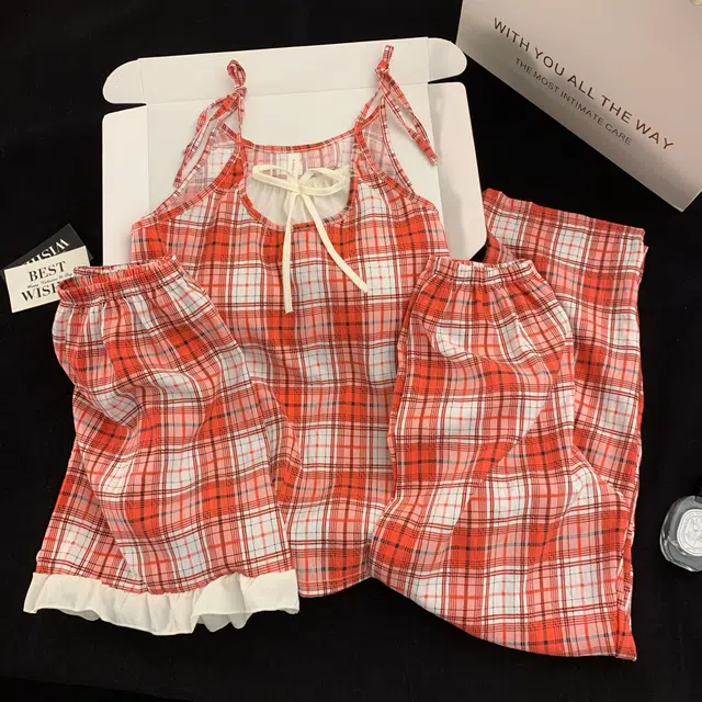 夏芬妍 甜美少女风复古格子吊带家居服舒适柔软休闲带胸垫三件套可外穿睡衣套装 女款