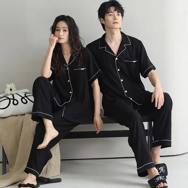 夏芬妍 时尚柔软舒适纯色云朵棉翻领开衫家居服休闲亲肤时尚可外穿短袖长裤睡衣套装 男女同款 黑色