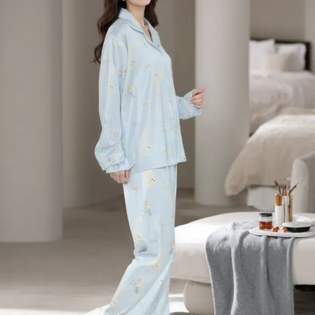 夏芬妍 时尚甜美蝴蝶结小猫冰丝翻领家居服简约休闲舒适亲肤宽松长袖长裤可外穿睡衣套装 女款 蓝色