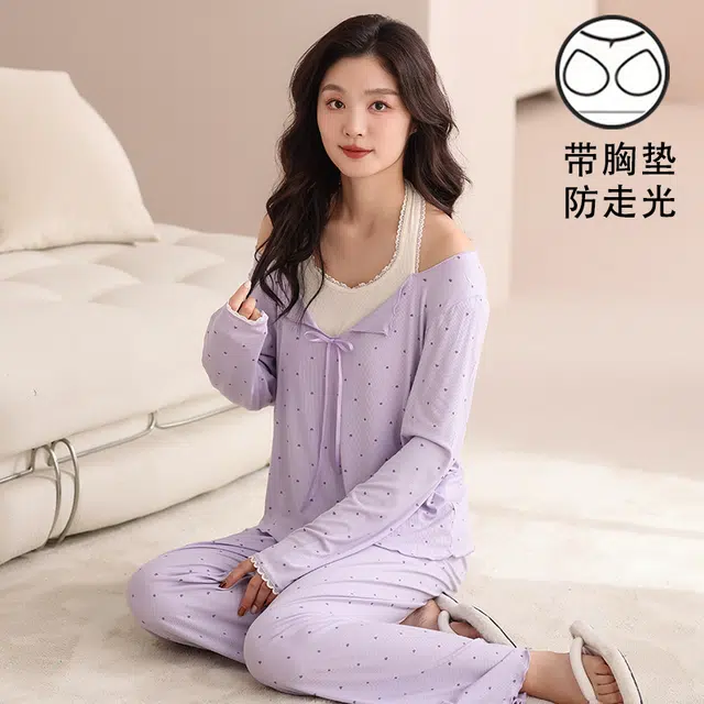 夏芬妍 时尚舒适柔软甜美假两件小爱心带胸垫家居服简约休闲亲肤宽松长袖长裤可外穿睡衣套装 女款 紫色