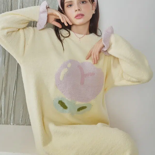 夏芬妍 简约甜美柔软亲肤郁金香花边半边绒家居服蓄温保暖长袖可外穿睡裙 女款 黄色