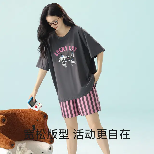 夏芬妍 柔软舒适透气亲肤英文长条猫条纹圆领家居服休闲短袖时尚可外穿睡衣套装 女款 深灰色