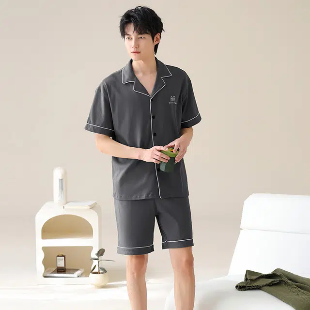 夏芬妍 简约舒适柔软高级感纯色纯棉翻领开衫家居服亲肤休闲短袖短裤时尚可外穿睡衣套装 男款 深灰色