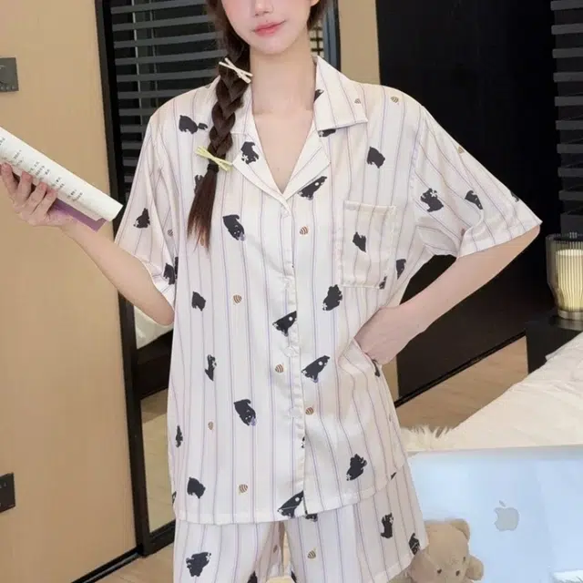 夏芬妍 甜美可爱卡通条纹蜜罐熊冰丝翻领短袖短裤家居服柔软舒适休闲可外穿夏季睡衣套装 女款