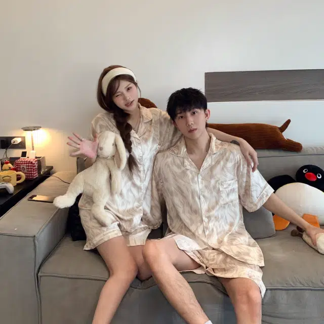 夏芬妍 休闲晕染冰丝翻领舒适亲肤宽松凉感短袖短裤时尚简约可外穿家居服睡衣套装 男女同款