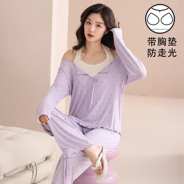 夏芬妍 时尚舒适柔软甜美假两件小爱心带胸垫家居服简约休闲亲肤宽松长袖长裤可外穿睡衣套装 女款 紫色