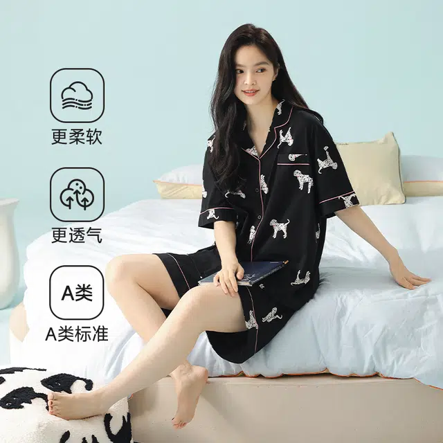 夏芬妍 柔软舒适透气亲肤可爱斑点狗家居服休闲凉感时尚可外穿睡衣套装 女款 黑色