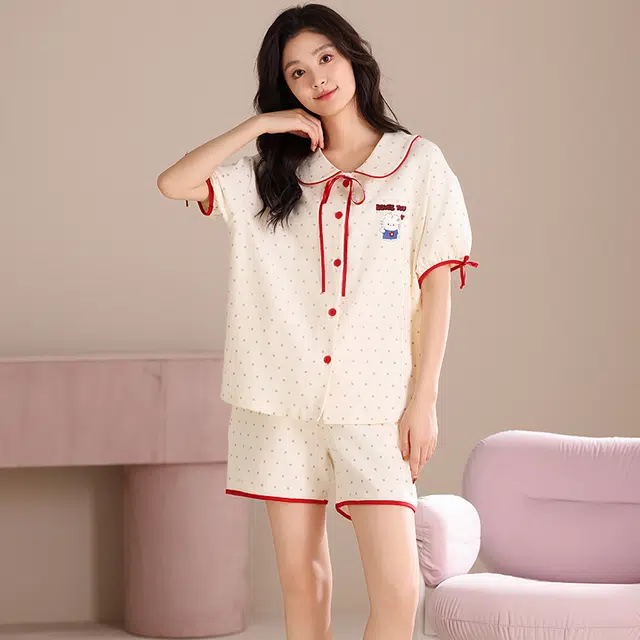 夏芬妍 甜美可爱波点爱心小兔舒适亲肤宽松短袖短裤时尚翻领可外穿家居服睡衣套装 女款 杏色