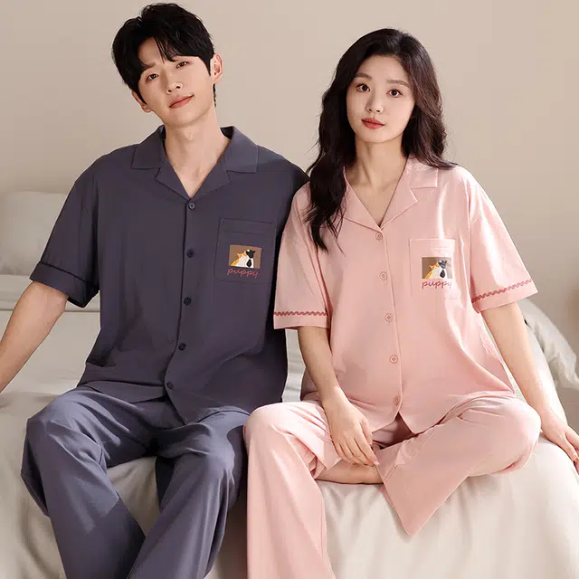 夏芬妍 简约时尚柔软舒适纯色可爱猫咪翻领家居服亲肤休闲短袖长裤可外穿睡衣套装 男女同款