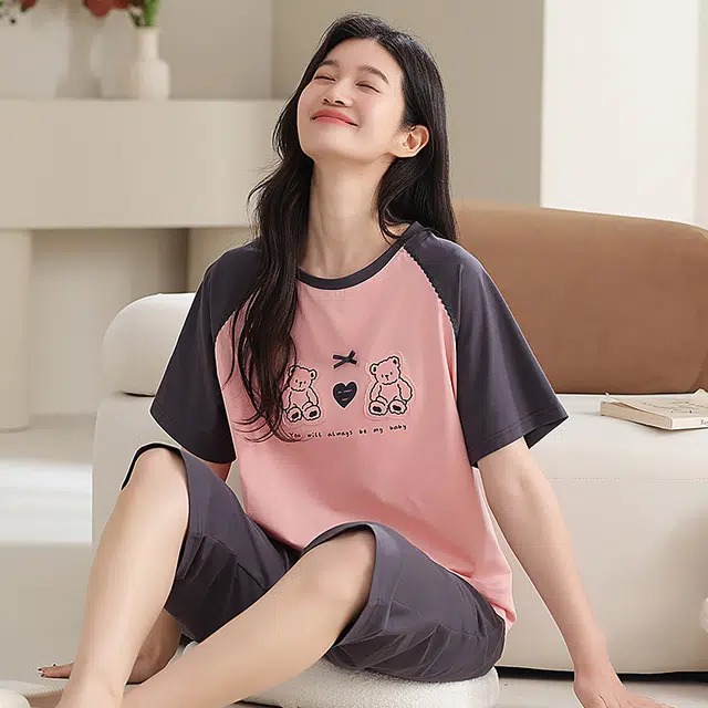 夏芬妍 时尚柔软亲肤圆领家居服简约休闲舒适短袖七分裤可外穿睡衣套装 女款 深灰色