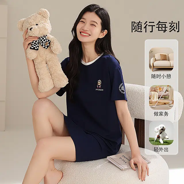 夏芬妍 时尚柔软亲肤海军小熊圆领家居服简约休闲舒适短袖睡衣可外穿睡裙 女款 深蓝色