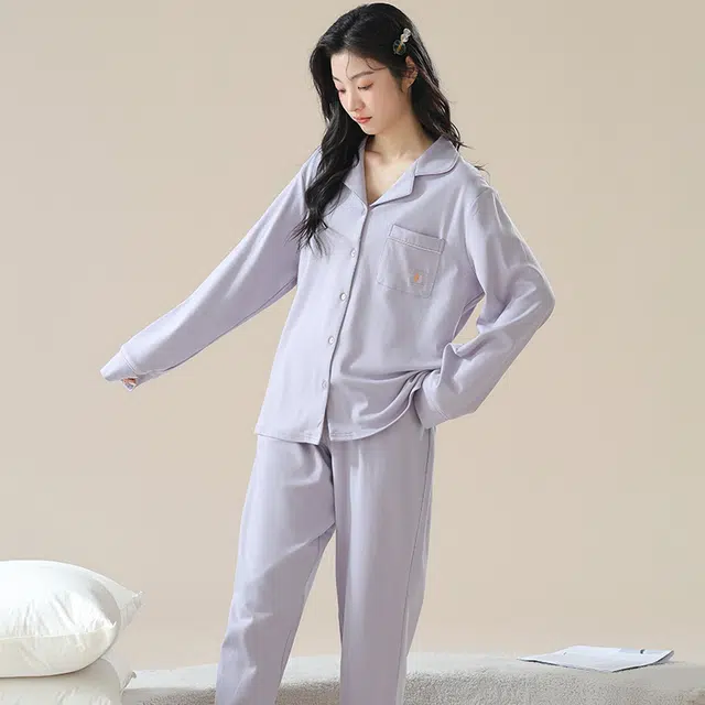 夏芬妍 时尚休闲舒适纯色贴袋翻领家居服亲肤宽松长袖长裤可外穿春秋款睡衣套装 女款 紫色