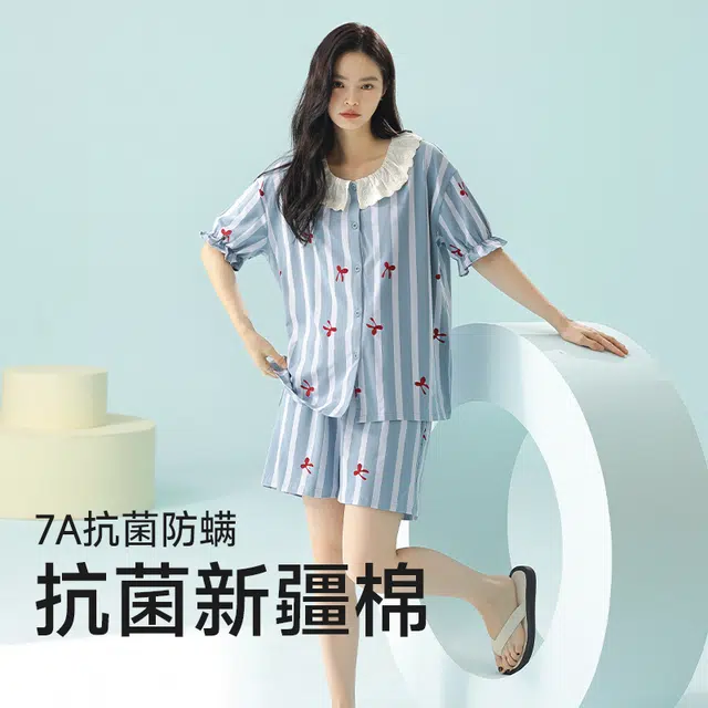 夏芬妍 柔软舒适透气翻领亲肤条纹家居服休闲短袖上衣可外穿三分裤睡衣套装 女款 蓝色