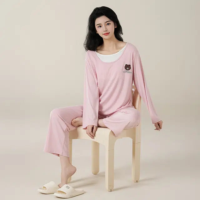 夏芬妍 简约柔软舒适透气亲肤纯色小熊假两件圆领家居服休闲宽松长袖长裤带胸垫可外穿睡衣套装 女款 粉色