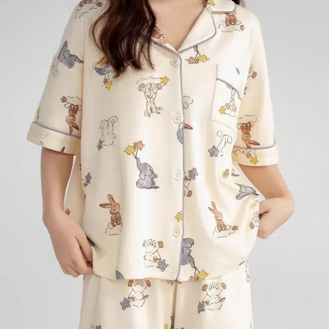 夏芬妍 甜美休闲舒适时尚动物派对纯棉翻领家居服亲肤宽松短袖短裤可外穿睡衣套装 女款 杏色