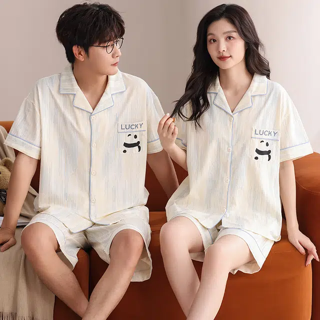 夏芬妍 柔软舒适条纹熊猫纯棉翻领家居服休闲舒适短袖短裤时尚可外穿 睡衣套装 男女同款