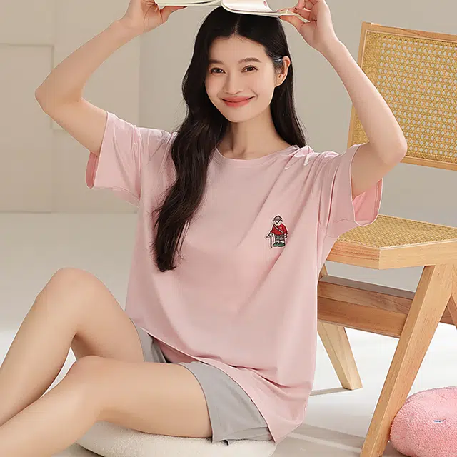 夏芬妍 时尚柔软亲肤纯色圆领家居服简约休闲舒适短袖短裤可外穿睡衣套装 女款 粉色