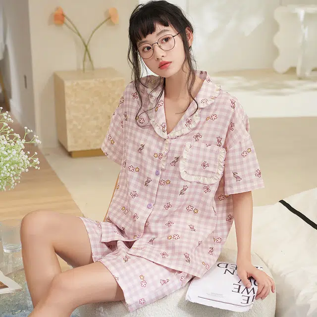 夏芬妍 甜美柔软舒适可爱手绘花朵云朵棉翻领家居服亲肤休闲短袖短裤可外穿睡衣套装 女款 粉色
