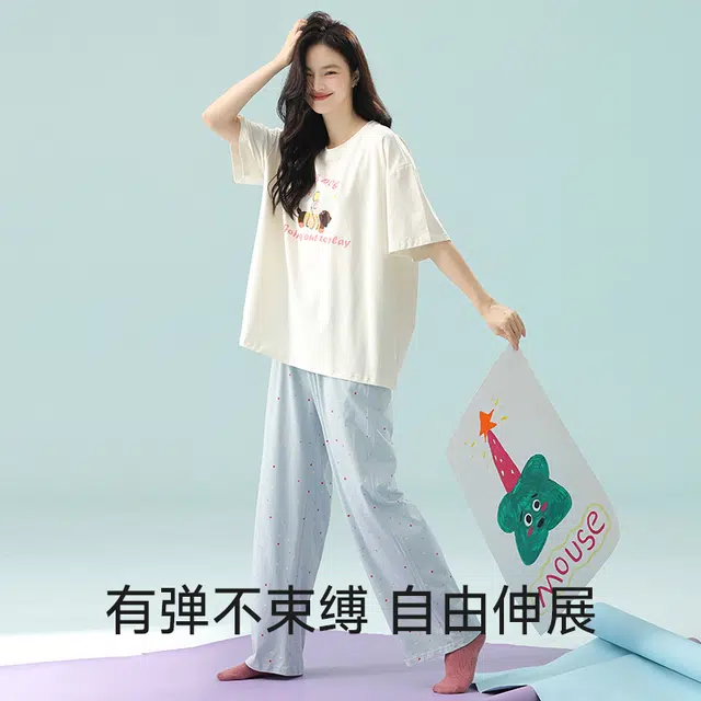 夏芬妍 柔软舒适透气亲肤俏皮小狗圆领家居服休闲宽松凉感短袖长裤时尚可外穿睡衣套装 女款 蓝色