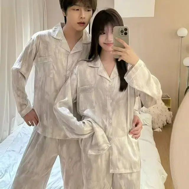 夏芬妍 简约舒适高级感气质流光冰丝翻领家居服亲肤宽松休闲长袖长裤可外穿睡衣套装 男女同款
