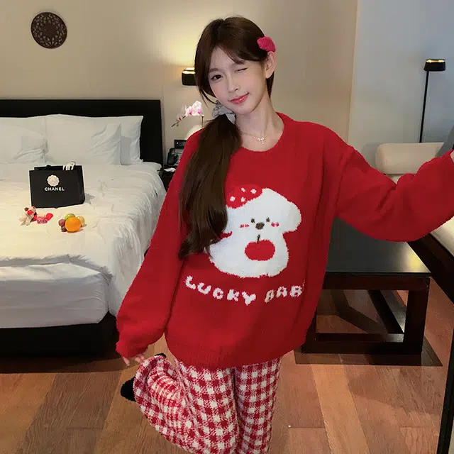 夏芬妍 简约甜美柔软亲肤苹果小狗英文格子裤半边绒家居服加绒加厚蓄温保暖长袖长裤可外穿秋冬款睡衣套装 女款 红色