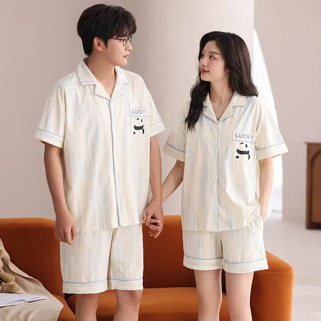 夏芬妍 柔软舒适条纹熊猫纯棉翻领家居服休闲舒适短袖短裤时尚可外穿 睡衣套装 男女同款