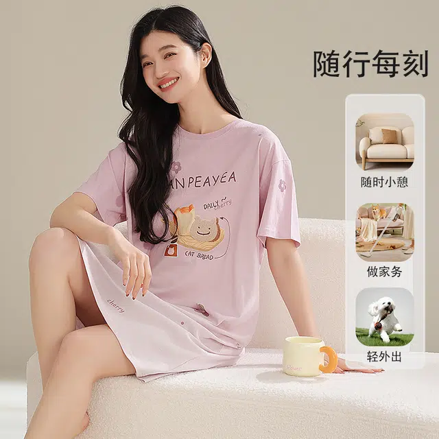 夏芬妍 时尚柔软亲肤面包猫咪圆领家居服简约休闲舒适短袖睡衣可外穿睡裙 女款 浅紫色