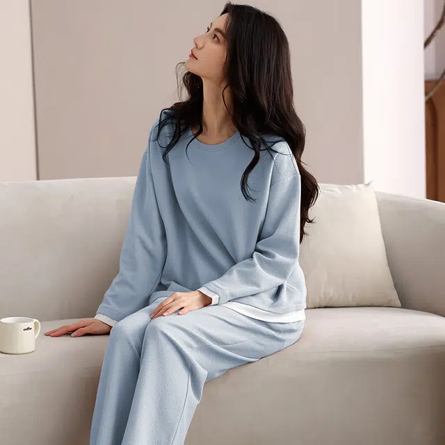 夏芬妍 时尚简约亲肤拼接色纯棉华夫格圆领套头家居服舒适休闲长袖长裤可外穿春秋款睡衣套装 女款 蓝色