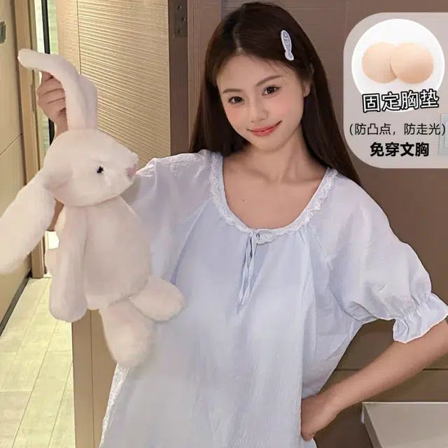 夏芬妍  甜美可爱少女粉蕾丝木耳边圆领短袖短裤家居服舒适柔软休闲带胸垫可外穿睡衣套装 女款