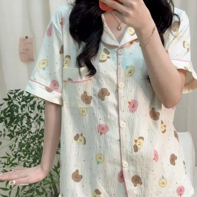 夏芬妍 柔软舒适戴帽小狗云朵棉翻领开衫家居服亲肤休闲短袖三件套时尚可外穿睡衣套装 女款 杏色