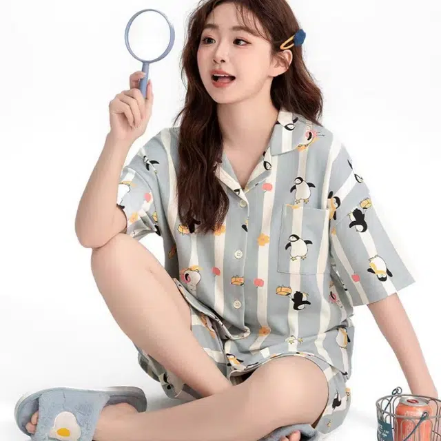 夏芬妍 甜美休闲舒适时尚条纹企鹅纯棉翻领家居服亲肤宽松短袖短裤可外穿睡衣套装 女款 蓝色
