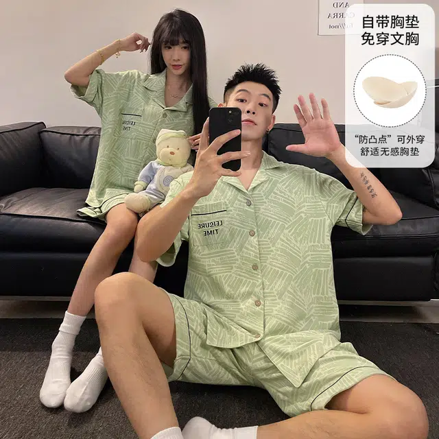 夏芬妍 柔软舒适休闲翻领开衫短袖亲肤时尚可外穿家居服睡衣套装 男女同款