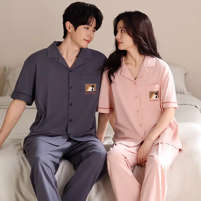 夏芬妍 简约时尚柔软舒适纯色可爱猫咪翻领家居服亲肤休闲短袖长裤可外穿睡衣套装 男女同款