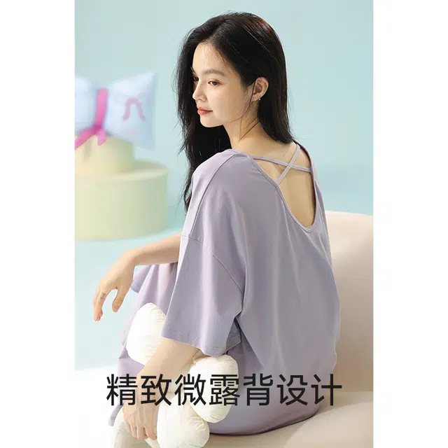夏芬妍 柔软舒适透气亲肤字母樱桃圆领家居服休闲凉感短袖美背时尚可外穿睡裙 女款 紫色
