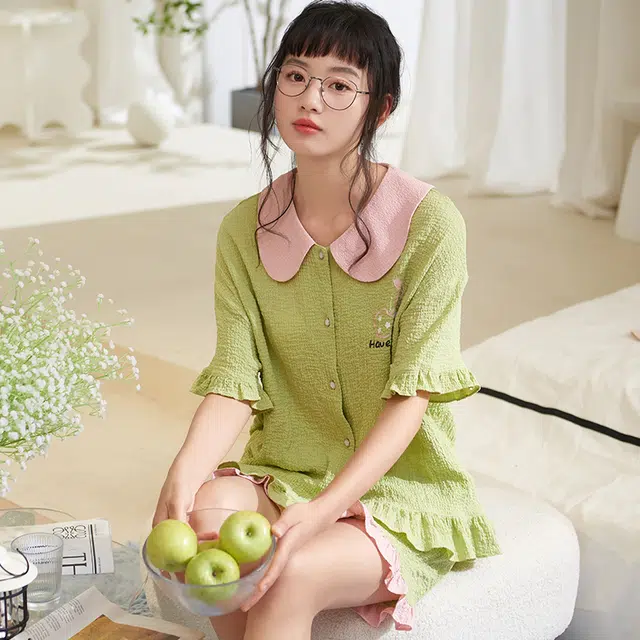 夏芬妍 甜美柔软舒适花边云朵棉公主翻领家居服亲肤休闲短袖短裤可外穿睡衣套装 女款 绿色