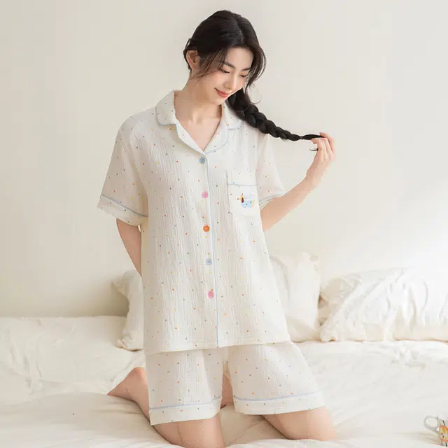 夏芬妍 甜美可爱卡通婴儿棉双层纱翻领短袖短裤家居服简约休闲可外穿睡衣套装 女款