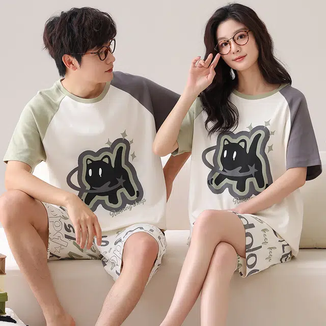 夏芬妍 柔软字母黑猫翻领家居服休闲舒适短袖短裤时尚可外穿睡衣套装 男女同款