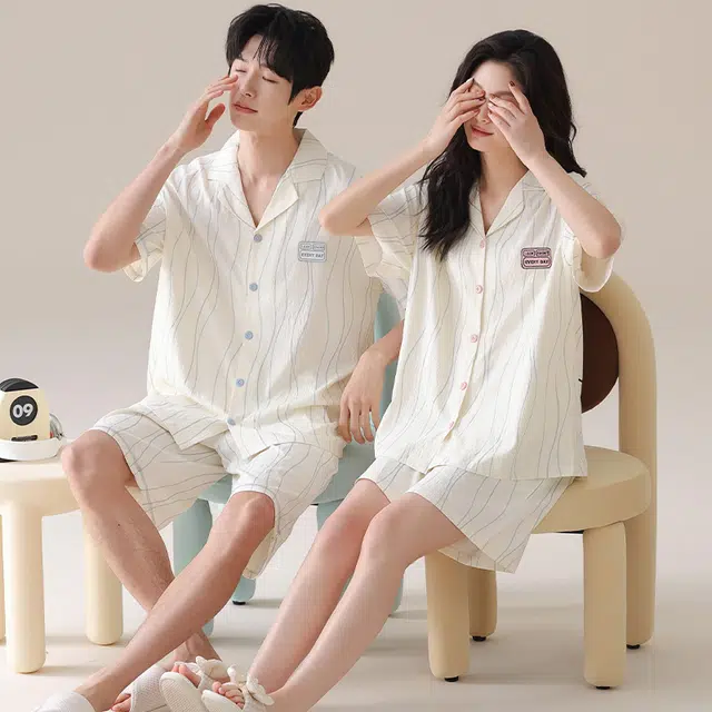 夏芬妍 简约休闲简约条纹云朵棉翻领舒适亲肤宽松短袖短裤时尚可外穿家居服睡衣套装 男女同款 杏色