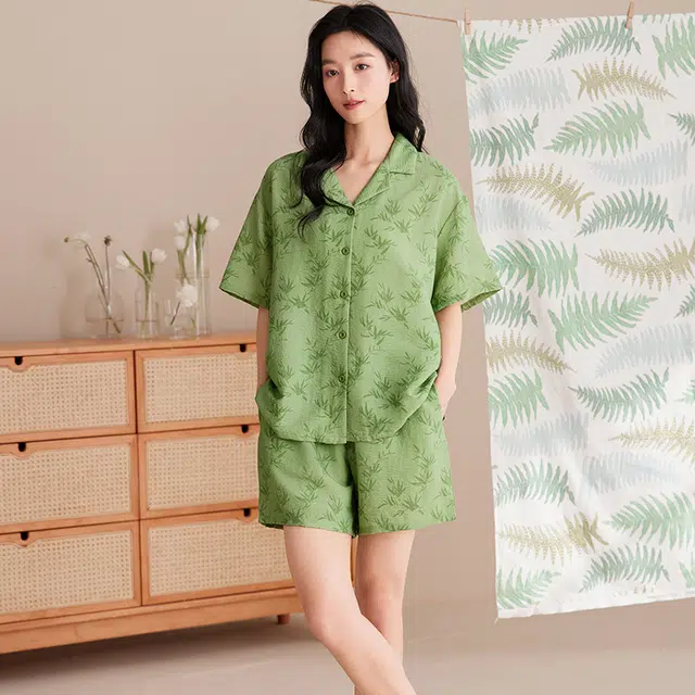 夏芬妍 甜美可爱印花云朵棉舒适亲肤休闲凉感短袖短裤时尚开衫可外穿家居服睡衣套装 女款 绿色