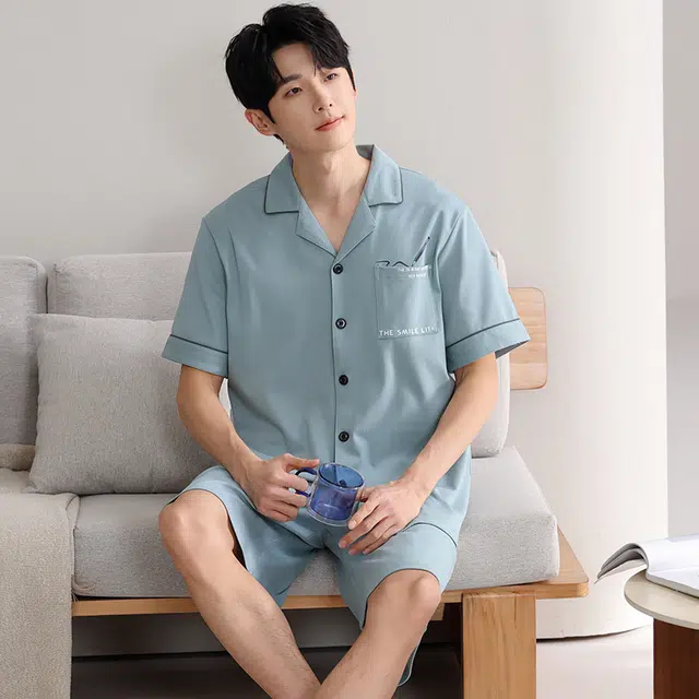 夏芬妍 简约舒适纯色纯棉翻领家居服亲肤宽松休闲短袖短裤长裤三件套时尚可外穿睡衣套装 男款 青蓝色