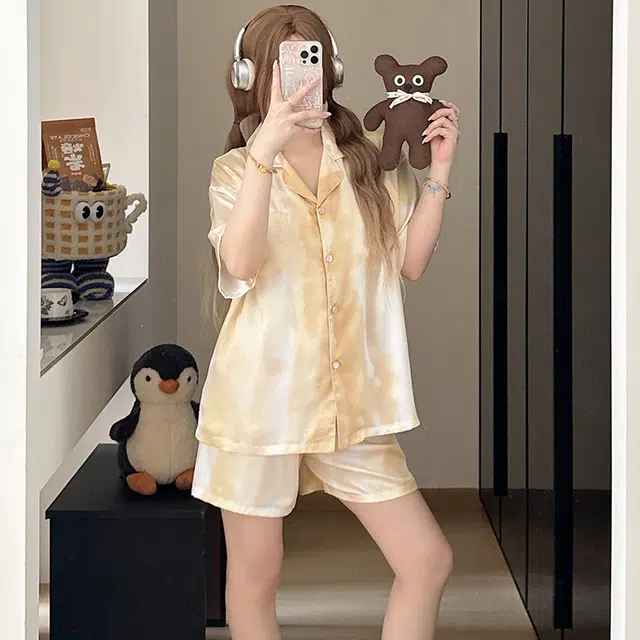 夏芬妍 休闲舒适高级感晕染冰丝翻领家居服亲肤宽松短袖短裤长裤时尚可外穿夏季睡衣套装 女款