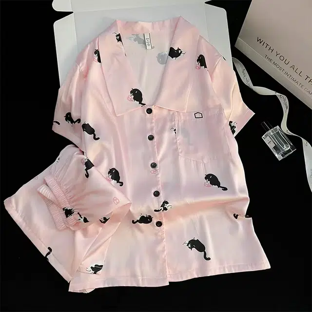 夏芬妍 甜美可爱卡通小黑猫冰丝翻领短袖短裤家居服柔软舒适休闲可外穿夏季睡衣套装 女款