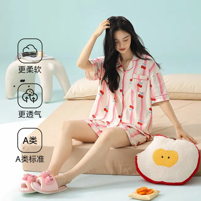 夏芬妍 柔软舒适透气亲肤条纹樱桃翻领家居服休闲凉感短袖时尚可外穿睡衣套装 女款 粉色